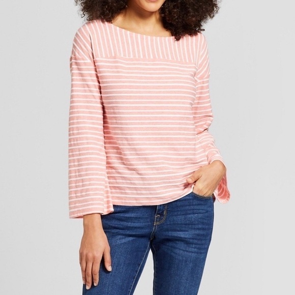 A New Day Casual Textured Stripe Pink Button Bell Sleeve Blouse Size Medium - Picture 1 of 15